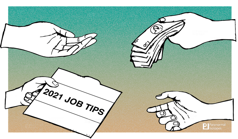 Hand illustrations where in the top left a hand is palm up and ready to receive money from the hand to right. The bottom left hand gives a folder of job tips to the hand on the right which is palm up and ready to take it.
