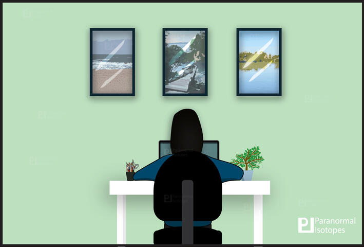 Image of a girl who sits on a black office chair in her light green painted room. Facing a wall that has three painting hung upon it. She's using her white desk and dark grey laptop for work. A plant sits to her right and a cup of art supplies to the left.