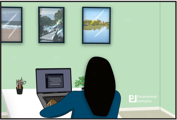 Image of a girl who sits on a black office chair in her light green painted room. Facing a wall that has three painting hung upon it. She's using her white desk and dark grey laptop for work. A plant sits to her right and a cup of art supplies to the left.