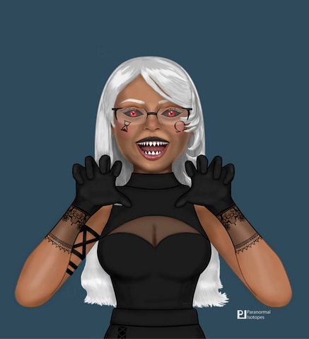 A girl baring sharp teeth with white hair and brows posing in the rawr pose. She has red irises and black sclera and is wearing glasses. Her outfit is a black top with a cut-out and skirt, arm band, and black gloves with lace on the wrist.