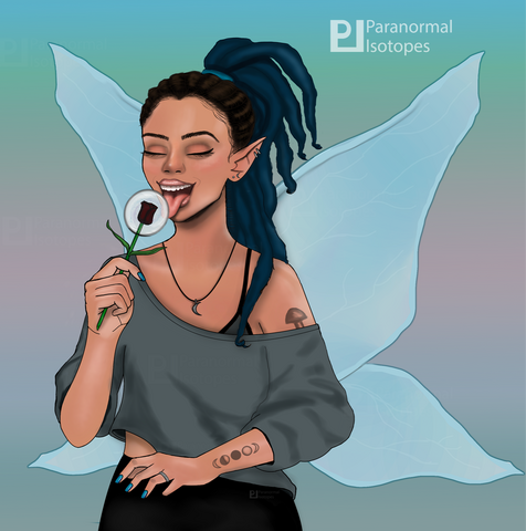 Fantasy fairy digital illustration of a fairy girl with transparent turquoise wings and dark brown dreads that fade into teal colored ends. The background is a pastel gradient. She has moon shaped tattoos on right forearm and mushroom in shoulder.