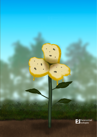 Robot with black & muted teal accented body armor sits at a tan table with fork in hand eating a yellow flower on a blue dinner plate, against a sage green wall. It is looking down at the plate with golden yellow eyes as it prepares for another bite.