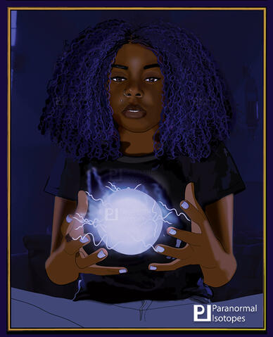 A girl with a black with curly purple tinted hair wearing a t shirt and blue jeans sits in a room. She is looking at her hands that have formed a ball of magic.