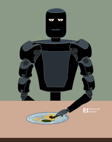 Robot with black & muted teal accented body armor sits at a tan table with fork in hand eating a yellow flower on a blue dinner plate, against a sage green wall. It is looking down at the plate with golden yellow eyes as it prepares for another bite.