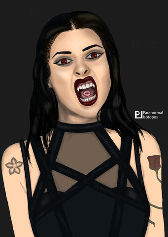 Digital illustration of a hybrid vampire with dark hair & pale white skin with red eyes. There are tattoos of a vampiric flowers on left & right shoulders. She bears sharp fangs with a live vampiric flower in her mouth.